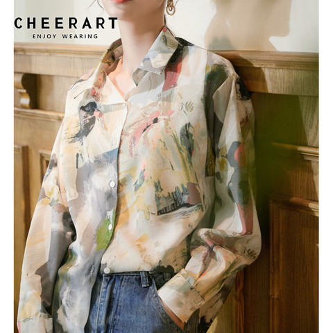 CHEERART-Top de manga larga abotonada para mujer, camisa con estampado Vintage, Top de diseño holgado, ropa de otoño ► Foto 1/6