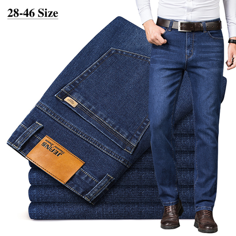 Pantalones vaqueros rectos de negocios para hombre, Jeans informales elásticos de algodón de talla grande 42 44 46, ajustados en azul y negro a la moda ► Foto 1/6