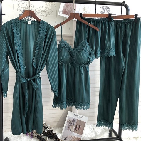 4 Uds Kimono vestido de novia de encaje de mujeres 3 uds conjuntos de pijamas de 3 Pack Veste Polaire traje bata de dormir verano ropa de dormir suelta Pijamas ► Foto 1/6