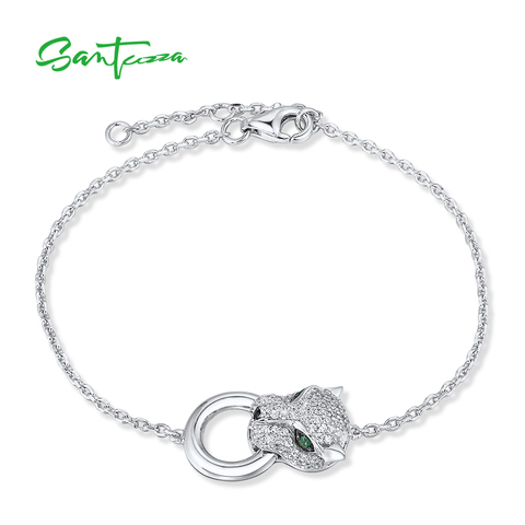 SANTUZZA 100% de Plata de Ley 925 pulsera de plata para las mujeres Pantera leopardo verde espinela negra Zirconia blanco ajustable joyería fina ► Foto 1/6