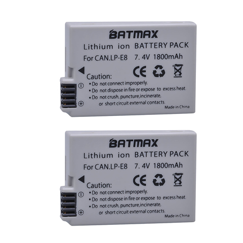 Pack de 2 LP-E8 LP E8 LPE8 Cámara Paquete de batería para Canon EOS 550D 600D 650D 700D beso X4 X5 x6i X7i rebelde T2i T3i T4i T5i baterías ► Foto 1/6