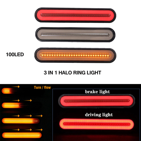 Luz LED de freno 3 en 1 para remolque, lámpara de luz de señal de flujo secuencial, con anillo de neón Halo, para freno trasero, resistente al agua, 2 unidades ► Foto 1/6