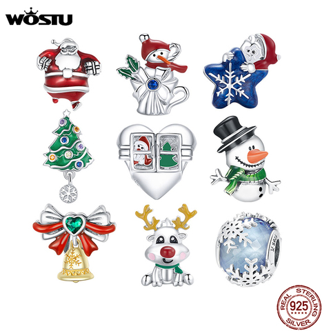 WOSTU-colgante de plata de ley 100% con cuentas de árbol de Navidad, colgante de Papá Noel, muñeco de nieve, pulsera, collar, joyería Original, bricolaje, 925 ► Foto 1/6