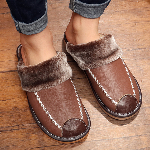 Zapatillas cálidas de algodón de cuero para hombre, pantuflas gruesas antideslizantes de suelo de madera para interiores, Otoño e Invierno ► Foto 1/6