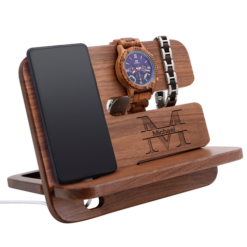 Estación de acoplamiento de teléfono de madera de nogal Natural, soporte de billetera, organizador de reloj, regalo para hombre, personalizado, su logotipo ► Foto 1/6