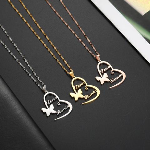 Collar de mariposa de doble nombre personalizado, placa con nombre de acero inoxidable, regalo de joyería para mujeres y niñas ► Foto 1/6