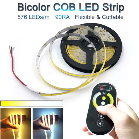 Bicolor-Tira de LED COB con regulador, 24V, 12V, CCT, FCOB, suave, Flexible, COB, amarillo, blanco frío, 2700-6500K, tira de LED regulable ► Foto 1/6