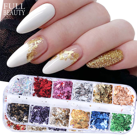 Juego de 12 rejillas de lentejuelas para uñas, Set de copos de brillantina de aluminio Irregular, dorado, diseño rojo, accesorios de manicura DIY, CH950 ► Foto 1/6