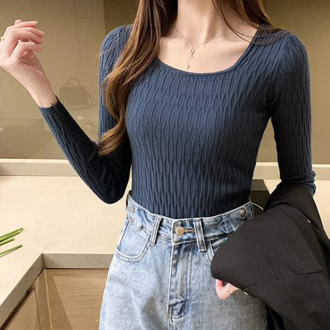 Suéter informal con cuello redondo para mujer, suéter ajustado de punto liso, manga larga, Top suave, otoño e invierno, 2022 ► Foto 1/6