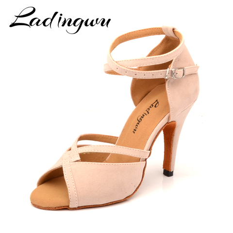 Ladingwu-zapatos de baile para mujer, calzado de baile latino para chicas, zapatos de Salsa, tacón de gamuza Beige, 6-10cm ► Foto 1/6