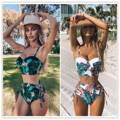 Traje de baño de cintura alta 2022, Bikinis con estampado de hojas, traje de baño Retro Vintage, traje de baño Halter, Biquini, Maillot de baño para mujer ► Foto 1/6