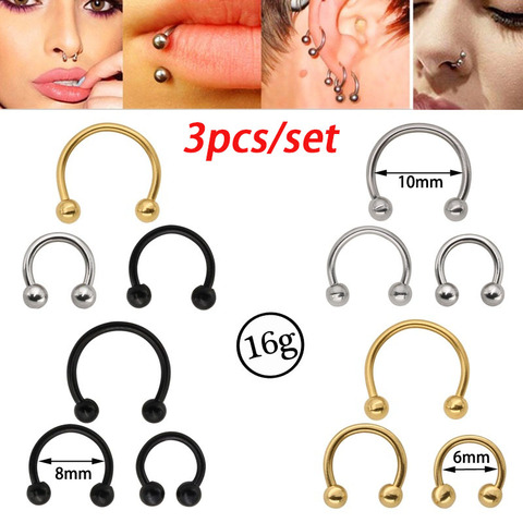 3 uds de acero inoxidable nariz aro anillo anillos del septo labio espárragos nariz pendientes Circular Tragus Piercing en la oreja de herradura joyería del cuerpo ► Foto 1/6