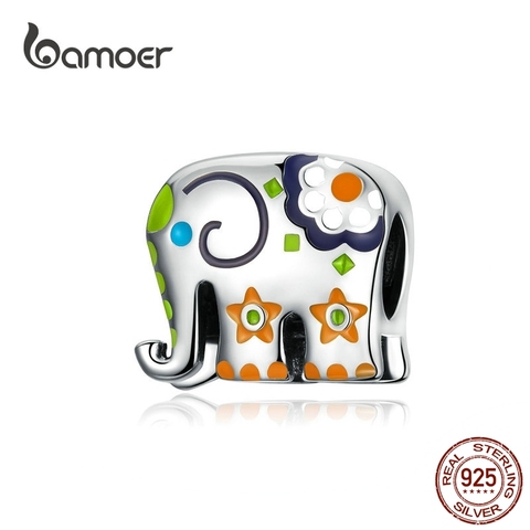 Bamoer-abalorio de joyería de plata 925 de elefante de Tailandia para mujer, pulseras de dijes de animales de guarda esmaltadas de colores con encaje de cuentas BSC095 ► Foto 1/5