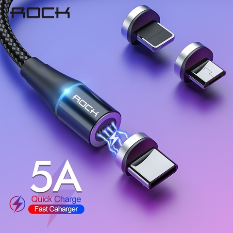 ROCK-Cable magnético de carga para móvil, Cable Micro Usb tipo C de carga rápida, luz LED de 1M y 2M, para iPhone, Xiaomi y Samsung - Historial de precios y revisión