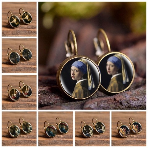 Moda bronce Color Punk estilo pendientes Vermeer pintura al óleo chica usando pendientes de perlas cabujón de cristal joyas para mujeres ► Foto 1/6