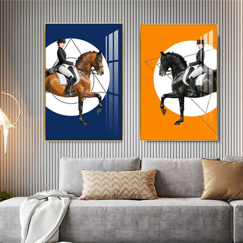 Pósteres modernos de doma para decoración del hogar, sala de estar de pared para impresiones de arte, azul y naranja, Chevaux Horse Rider ► Foto 1/6