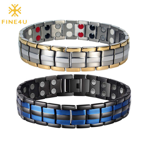 FINE4U B387-pulsera magnética Punk de doble fila para hombre, joyería para la salud, brazaletes de mano de titanio, joyas chapadas en negro para la salud ► Foto 1/6