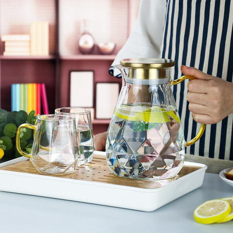 Set de Tetera de cristal transparente de diamante de 1.6L, jarra para agua fría, café transparente, hervidor de agua para el hogar, resistente al calor, Set de Tetera ► Foto 1/6