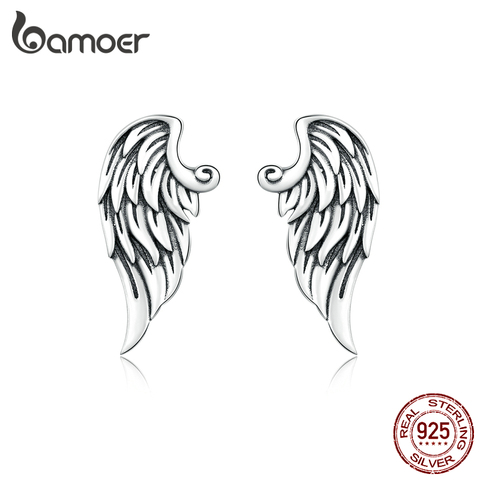 Bamoer-pendientes de tuerca de alas Retro para mujer, de Plata de Ley 925 auténtica, diseño Vintage, alfileres de oreja, joyería fina artesanal, BSE343 ► Foto 1/6