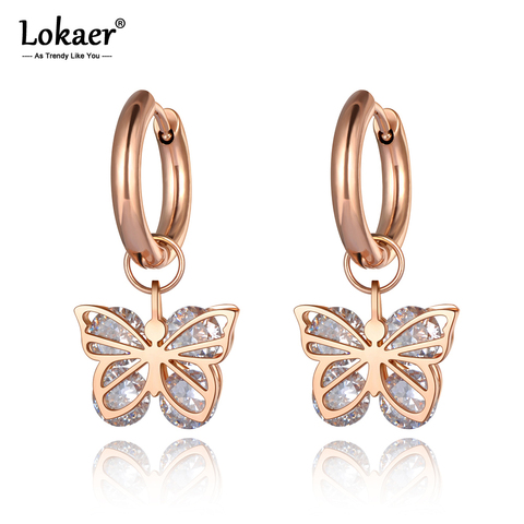 Lokaer-pendientes de aro de acero inoxidable con diseño de mariposa para mujer y niña, joyería con diseño Original de Circonia cúbica, Animal, E20127 ► Foto 1/5