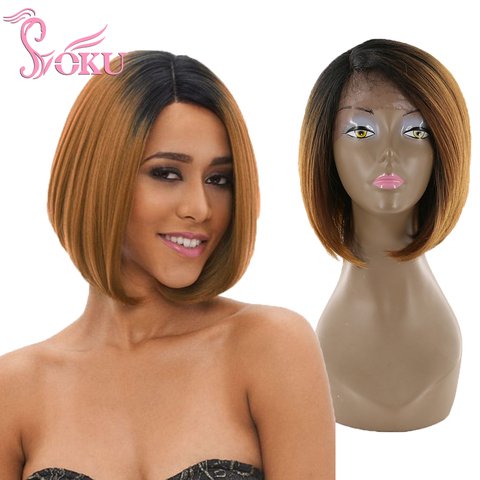 SOKU BOB corto peluca con malla frontal Ombre Rubio Dorado Color corto sintético pelucas con minimechones para las mujeres negras fibra resistente al calor ► Foto 1/6