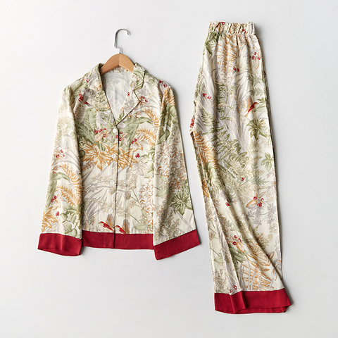 Conjunto de Pijama de satén de manga larga para Mujer, ropa de dormir con estampado de hierba verde, cuello vuelto, informal, Primavera ► Foto 1/5