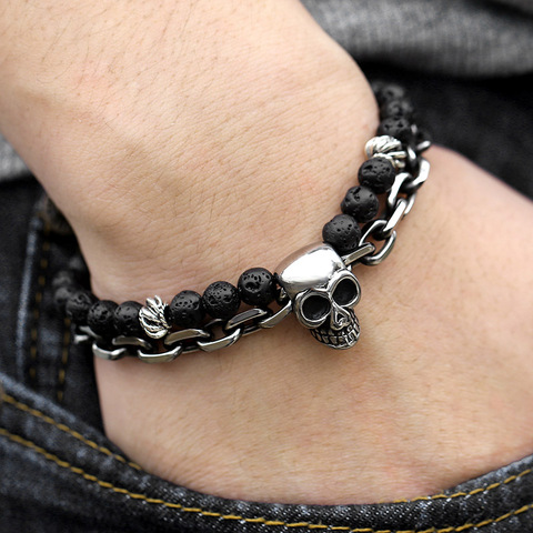 Pulsera negra con cuentas de Lava para hombre, de acero inoxidable, doble capa, con eslabones de trigo, pulseras con dije de Calavera, Joyería de Halloween para hombre LDB183 ► Foto 1/6