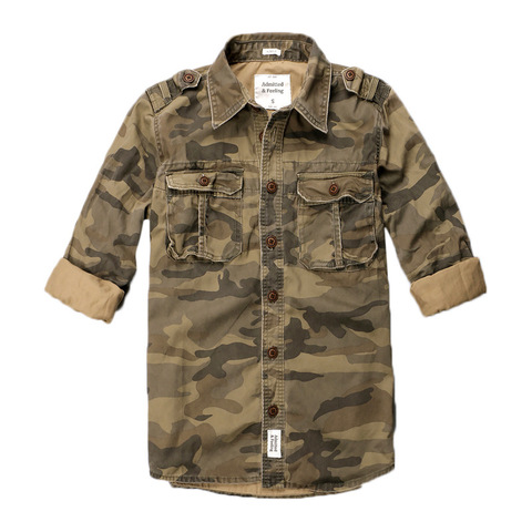 Camisas ajustadas de camuflaje para hombre, camisa militar de manga larga de algodón con bolsillos, Tops informales con cuello vuelto, color caqui marino del ejército ► Foto 1/6