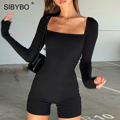 Sibybo-mono Sexy con cuello cuadrado acanalado para mujer, monos ajustados de manga larga, trajes de mujer negros, mameluco corto informal ► Foto 1/6