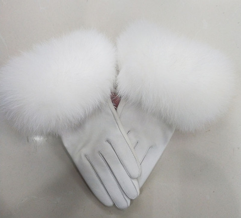 Guantes de cuero auténtico para mujer, guantes femeninos de lujo con puño de piel de zorro Real, guantes cálidos de cuero genuino para invierno, calentador de manos informal para mujer ► Foto 1/6