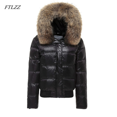 FTLZZ-Chaqueta de invierno de piel de mapache auténtica para mujer, Parkas de manga larga ajustadas de plumón de pato blanco, con bolsillos y capucha, prendas de vestir ► Foto 1/6