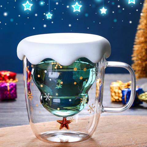 Taza de árbol de Navidad con doble pared, vaso de vidrio con tapa de silocono, estrella de copo de nieve, regalo de Navidad, vino, té, leche y agua ► Foto 1/6