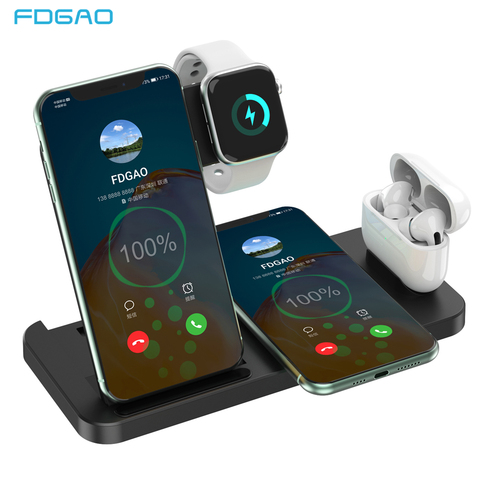 FDGAO-cargador inalámbrico 4 en 1 de 15W, soporte de carga por inducción para iPhone 12, 11, X, XS, XR, Airpods, Apple iWatch SE, 6, 5 y 4 ► Foto 1/6