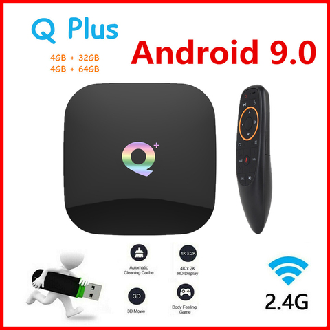 Q Plus Dispositivo de TV inteligente Android 9,0 TV Box 4GB RAM 32GB/64GB ROM Quad Core H.265 USB3.0 2,4G WiFi Set Top Box 4K TVBOX reproductor de medios ► Foto 1/6