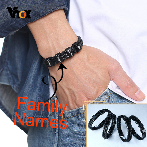 Vnox-Pulseras personalizadas con nombres de familiares para hombre y mujer, brazalete de cuero negro tejido, pulsera de cuentas, regalo de Navidad personalizado ► Foto 1/6