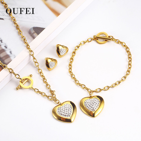 OUFEI-Conjunto de collar y pendientes de corazón de acero inoxidable para mujer, conjunto de joyería de boda, regalos, moda 2022, venta al por mayor ► Foto 1/6