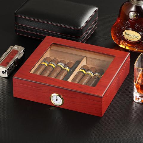 Madera de cedro de cigarro Humidor caja con humidificador higrómetro Humidor caja de vidrio humidores 20-30 COHIBA puros ► Foto 1/6