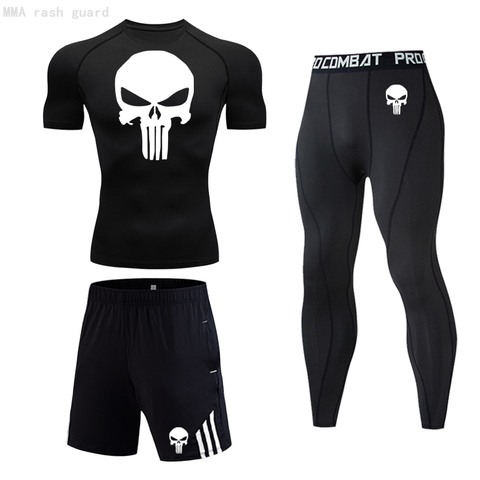 Conjunto de compresión de calavera para hombre, camiseta de manga corta MMA, pantalones ajustados deportivos, ropa de culturismo para Fitness, traje para correr ► Foto 1/6