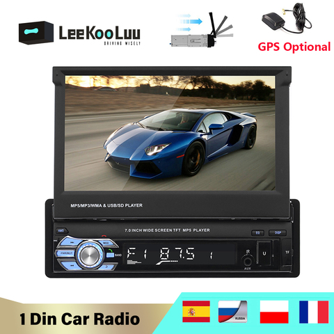 LeeKooLuu-Radio para coche, reproductor multimedia con navegador GPS opcional, con tecnología MirrorLink, Android, autorradio, 1 din con pantalla autoretráctil de 7