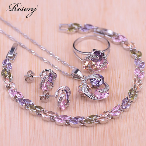 Risenj-Conjunto de joyería para mujer, gran descuento, colorido, círculo de la suerte, Color plata, conjunto de joyería para mujer, pendientes, anillo, collar con colgante en tienda ► Foto 1/6