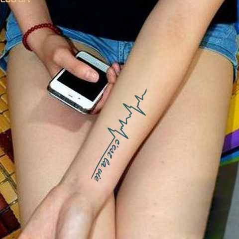 Tatuaje temporal a prueba de agua para mujer, calcomanía con ondas del latido del corazón, tatuajes falsos con letras en inglés 