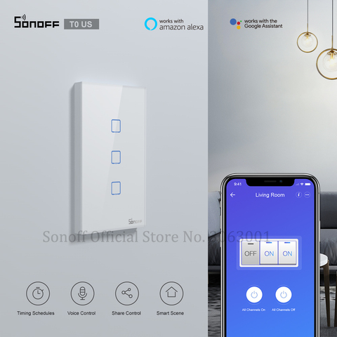 SONOFF-Interruptor de luz de pared inteligente con Wifi, dispositivo con 1/2/3 entradas, compatible con voz, aplicación y Control táctil, funciona con Alexa, Google Home, IFTTT, T0US TX ► Foto 1/6