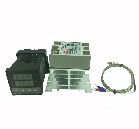 Termostato controlador de temperatura digital REX-C100 SSR salida K sensor de termopar 48x48 + SSR 40DA relé sólido + sensor ► Foto 1/6