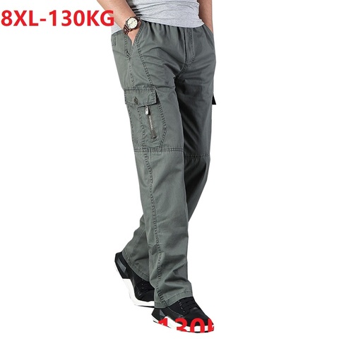 Pantalones cargo con bolsillos y cremallera para hombre, pantalón sencillo, 6XL, 7XL, 8XL, verde militar, para otoño, gris, 48 ► Foto 1/6