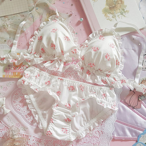 Conjunto de ropa interior, conjunto de braguitas y sujetador japonés Kawaii para mujer, ropa interior suave sin aros, juego de ropa interior para dormir, bonito conjunto de Braga y sujetador Lolita ► Foto 1/6