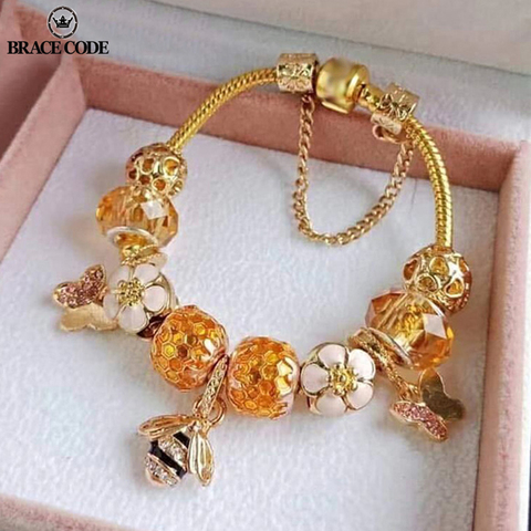 Pulseras con cuentas de corazón de amor de cristal dorado y brazaletes dorados finas pulseras para joyería femenina ► Foto 1/6