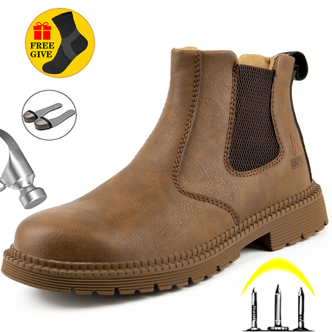 Botas de seguridad de cuero para hombre, zapatos de trabajo indestructibles, botas de seguridad con punta de acero, botas Chelsea, para invierno ► Foto 1/6