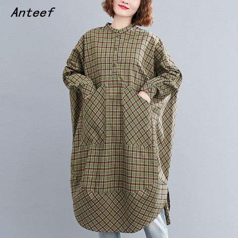 Vestido de lino y algodón de talla grande para mujer, ropa informal holgada de manga larga con estampado a cuadros vintage para otoño, 2022 ► Foto 1/6