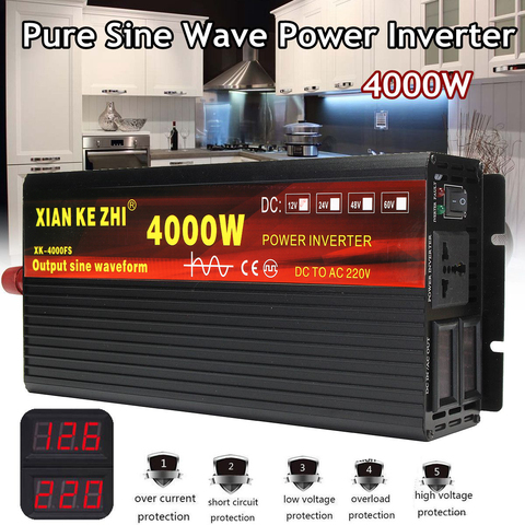 Inversor de voltaje para coche transformador de voltaje puro de 12V, 220V, 2000/3000/4000W, inversor de potencia de onda sinusoidal DC12V a AC 220V, 2 pantallas LED ► Foto 1/6