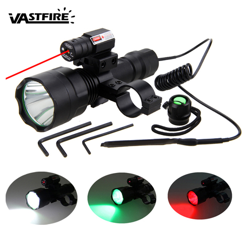 Linterna LED táctica de caza, luz roja, verde, Blanca, para Rifle + mira láser de punto + interruptor remoto de presión + montaje de barril de riel de 20mm ► Foto 1/6